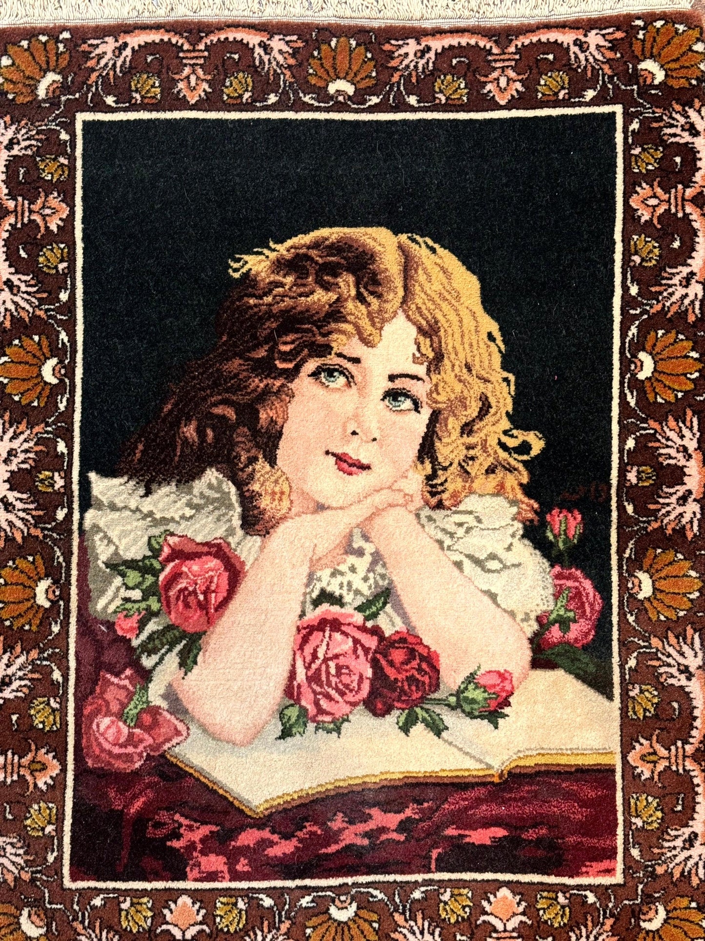 Small Persian Tabriz Pictorial Rug of Young Girl, Very Fine 380 KPSI, Portrait of Young Lady with Roses, Handmade, Persian Rug for Wall Hanging - Nuvé