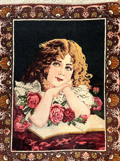 Small Persian Tabriz Pictorial Rug of Young Girl, Very Fine 380 KPSI, Portrait of Young Lady with Roses, Handmade, Persian Rug for Wall Hanging - Nuvé
