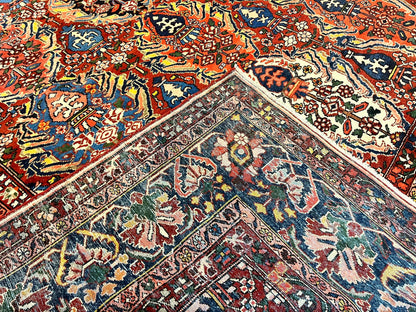 Large Persian Bakhtiari Rug 10x14, Rare Perisan Tribal Rug, Red Blue Ivory Multicolor, Hand Knotted, Semi Antique Carpet