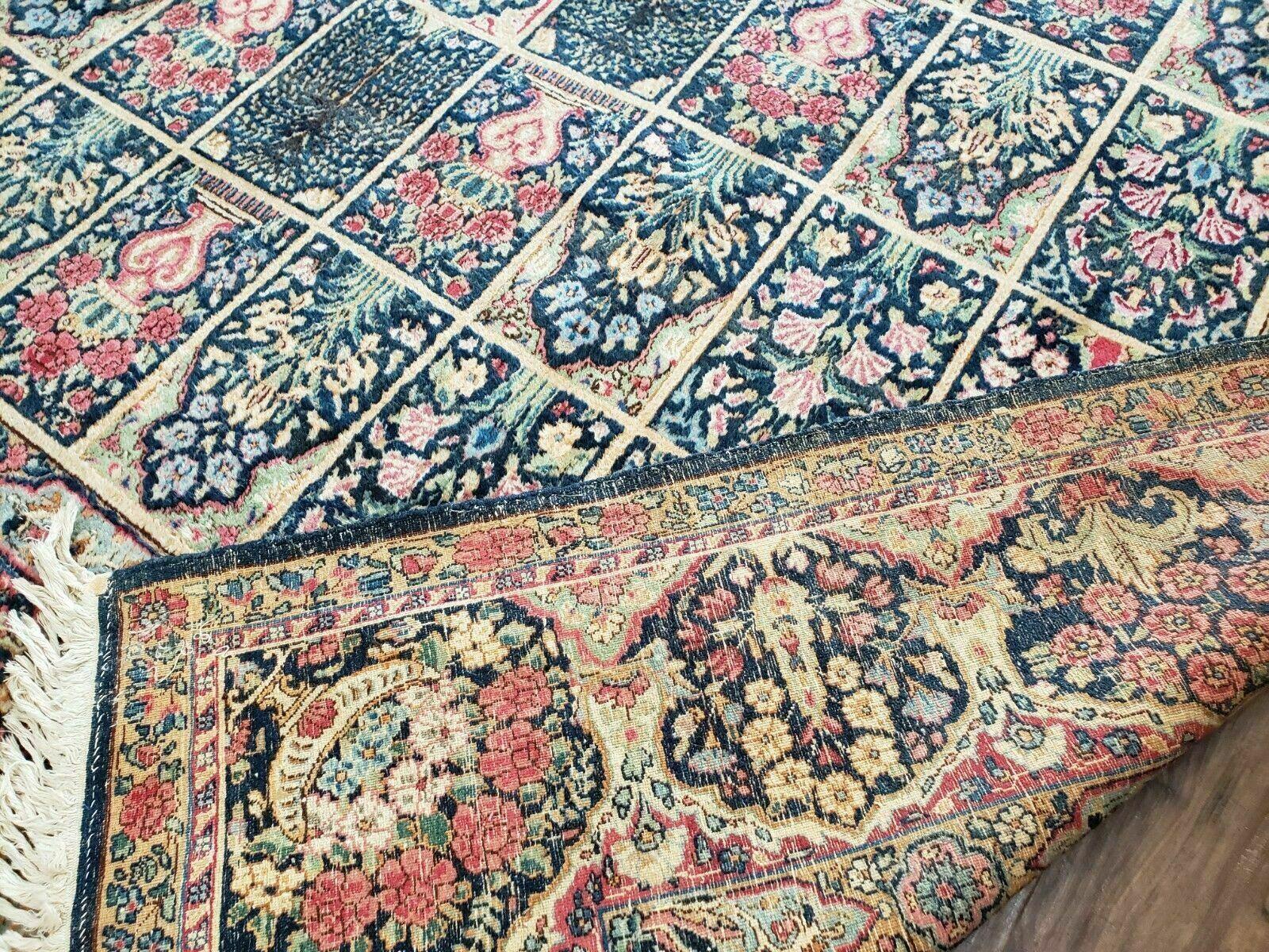 Persian Rug 10x15, Authentic Oriental Carpet 10 x 15, Wool Area Rug Panel Design Hand-Knotted Vintage Kirman Yazd Rug, Dark Blue and Beige,  Floral - Nuvé