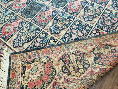 Persian Rug 10x15, Authentic Oriental Carpet 10 x 15, Wool Area Rug Panel Design Hand-Knotted Vintage Kirman Yazd Rug, Dark Blue and Beige,  Floral - Nuvé