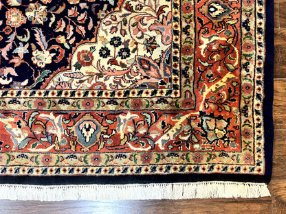 Indo Persian Rug 8x10, Midnight Blue & Red, Handmade Vintage Wool Carpet, Floral Medallion - Nuvé