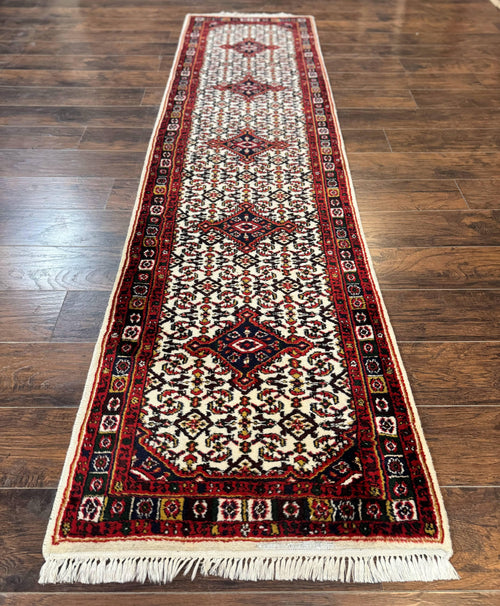 Indo Persian Bidjar Runner Rug 2.8 x 10, Vintage Rug for Hallway, 10ft Runner, Wool Handmade Ivory and Red, Medallions - Nuvé