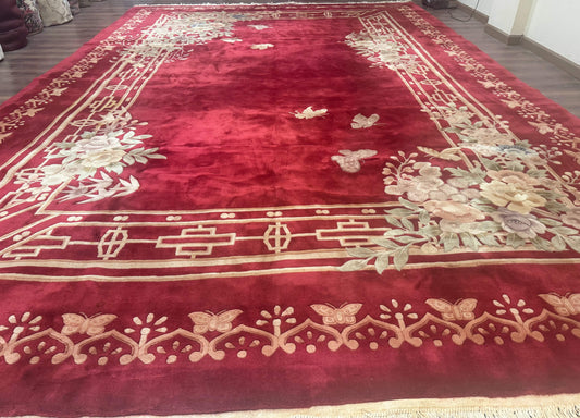 Palace Size Chinese Wool Rug 12x18, Red Art Deco Chinese Carving Carpet, Butterflies Flowers - Nuvé