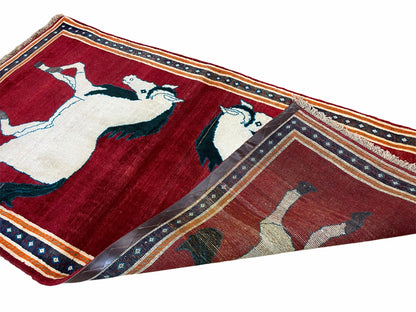 3.5 X 6 Handmade Hand-Knotted New Vintage Rug Quality Wool White Horses Red - Nuvé