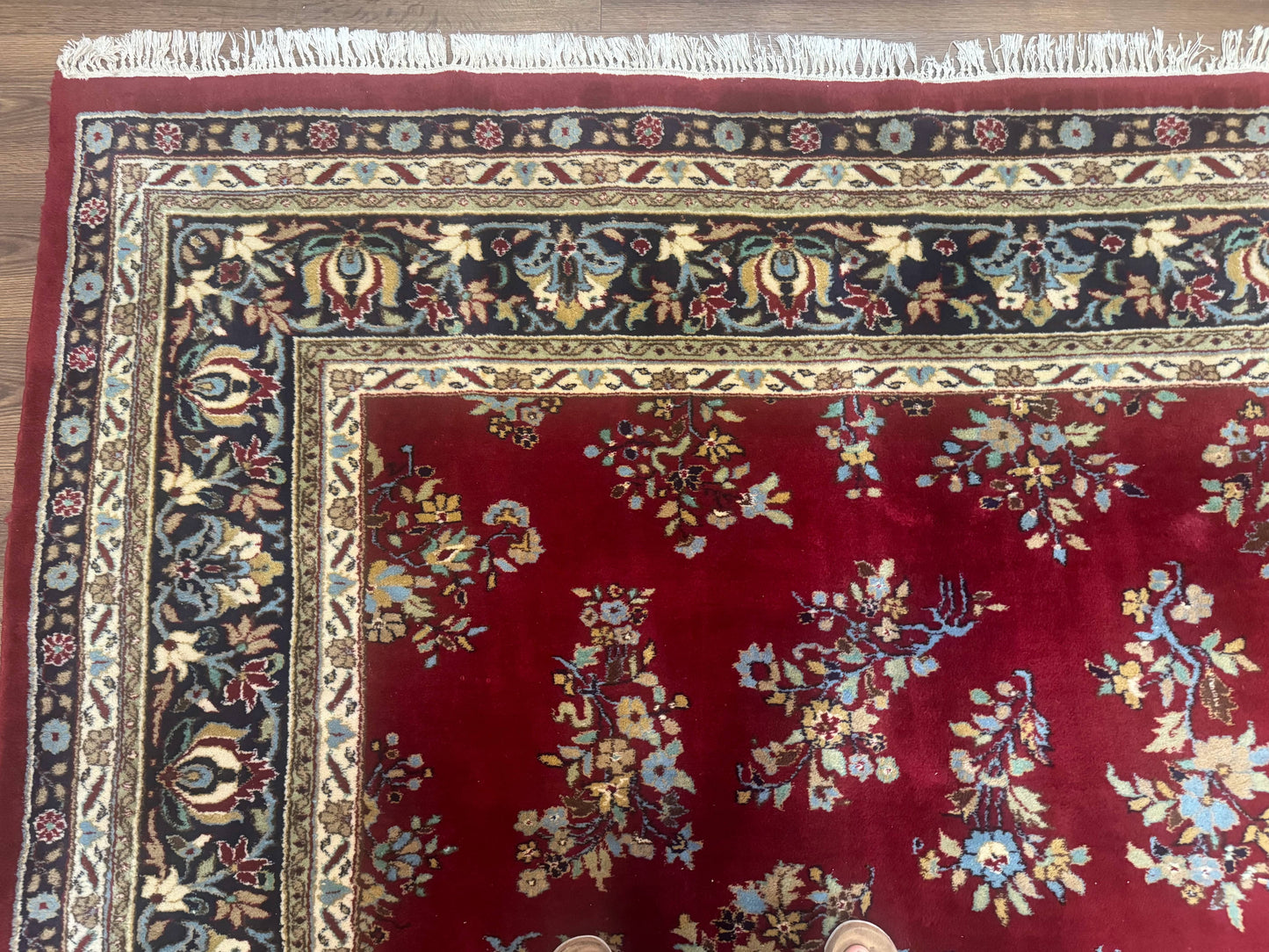 Indo Persian Sarouk Rug 10x14, Large Red and Navy Blue Carpet, Traditional Floral Wool Rug - Nuvé