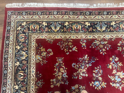 Indo Persian Sarouk Rug 10x14, Large Red and Navy Blue Carpet, Traditional Floral Wool Rug - Nuvé