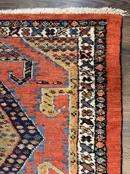 Rare Persian Tribal Runner Rug 3 x 11, Sarab Serab Persian Runner, Antique 1920s Collectible Geometric Medallions Oriental Wool Runner, Hand Knotted, Bright Orange-Red - Nuvé