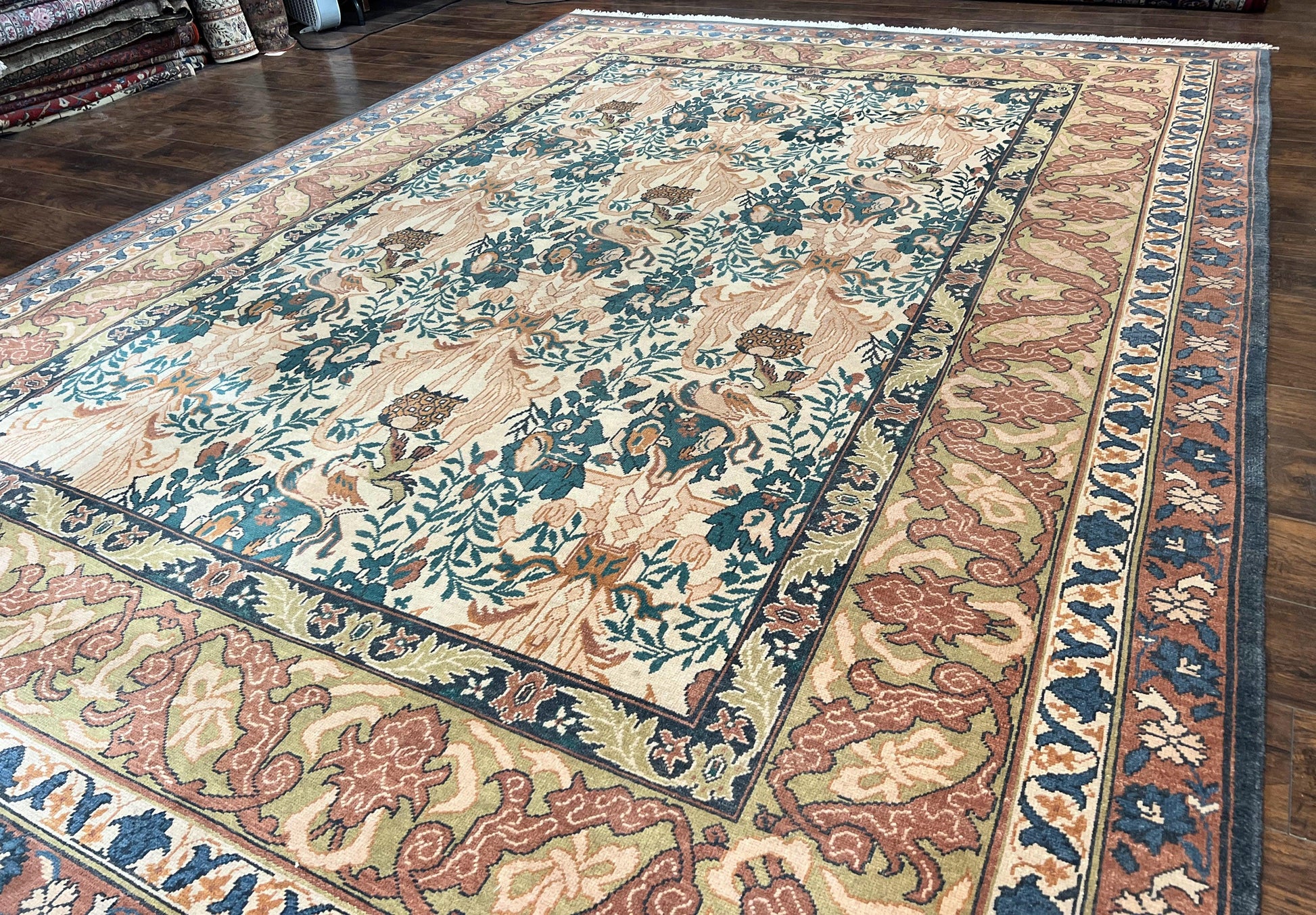10x13 Wool Rug, Floral Pattern, Birds, Handmade Vintage Carpet, Couristan Rug, Beige - Nuvé