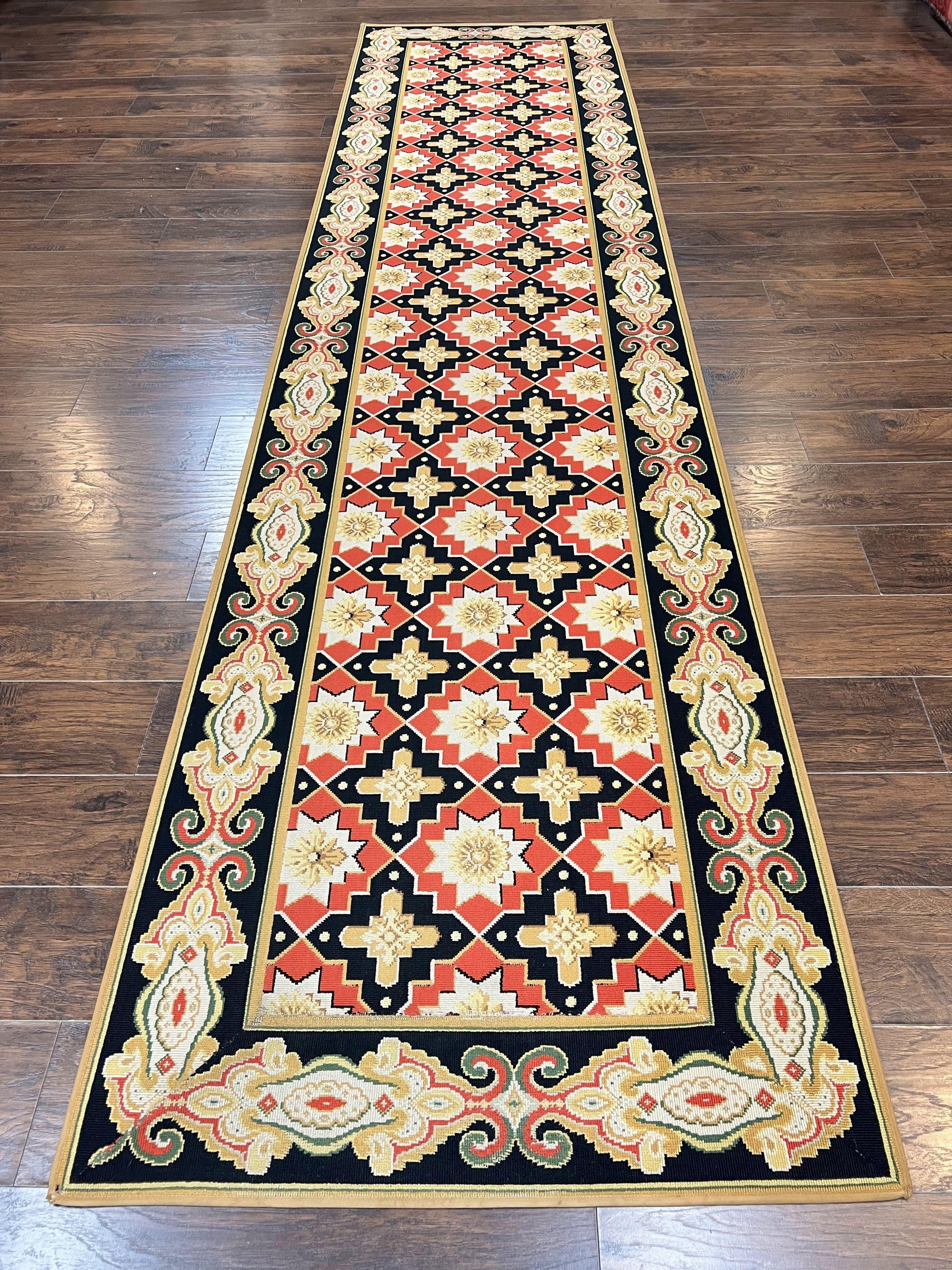 Vintage Runner Rug 3.5 x 14, Long Runner Rug, Stark Custom Made Carpet, European Design, Red Black Ivory Tan, Long Rug for Hallway - Nuvé