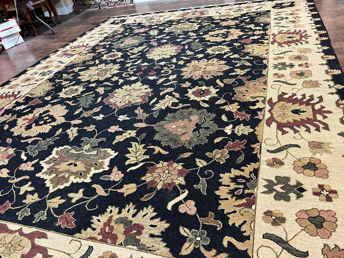 Handmade Indo Persian wool rug, 10x14 floral Oriental carpet with black and beige hues, Indian Mahal flatweave design from Jewel Rugs.