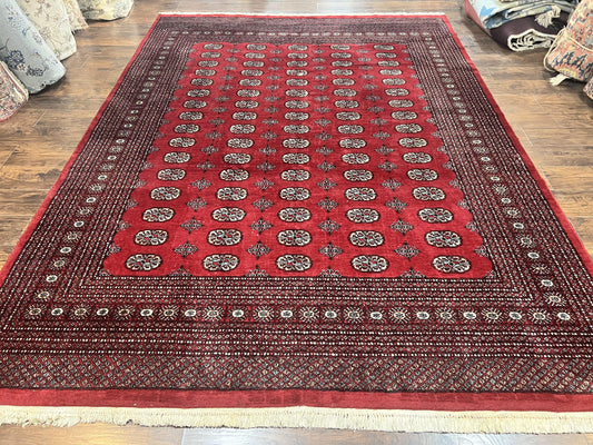 Turkoman Rug 8 x 11.6, Red Bokhara Pakistani Carpet, Wool Handmade Vintage Rug - Nuvé