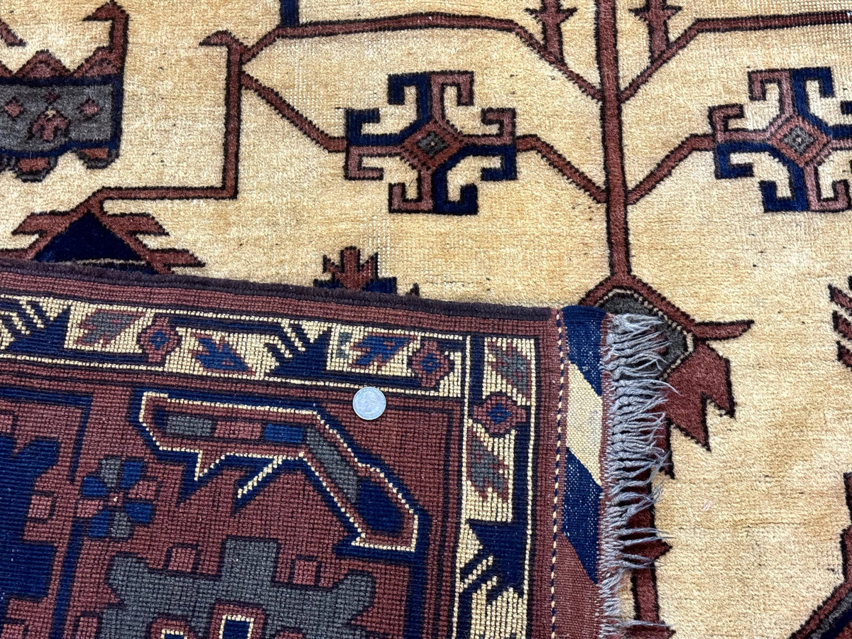 Afghan Heriz Rug 9x12, Tribal Geometric Serapi Carpet, Rust Cream and Navy, Wool on Wool