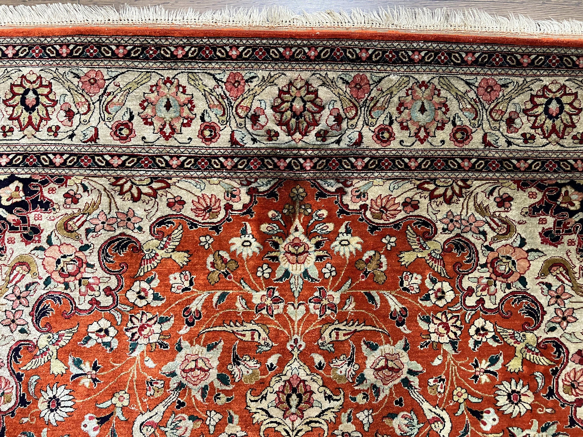 Persian Qum Silk Rug 5x7 - Floral Medallion, Birds, Orange-Red - Nuvé