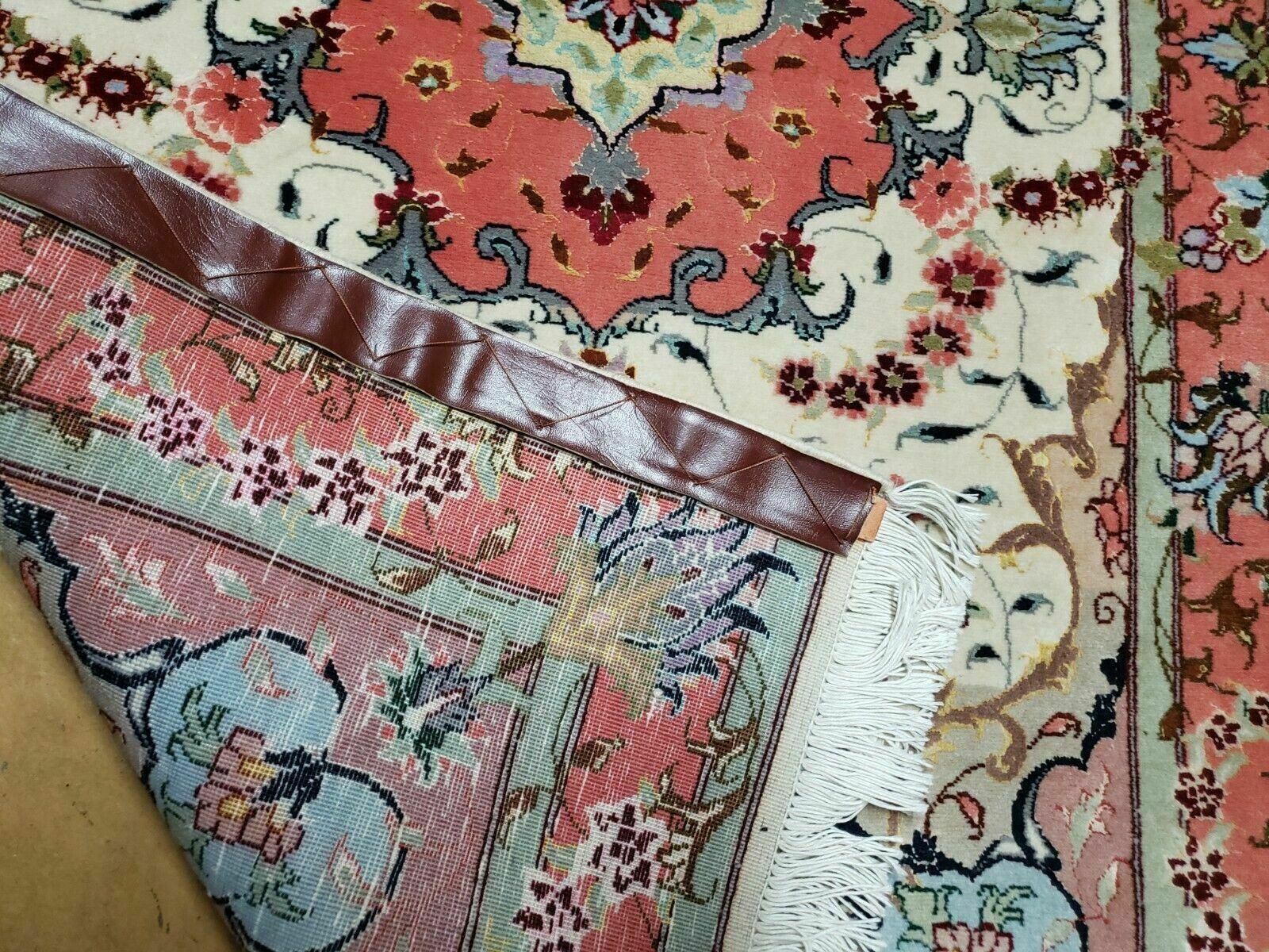 Small Vintage Persian Tabriz Wool and Silk Rug 2.5 x 4 ft, Very Finely Hand Knotted, Medallion, Ivory Salmon Light Blue, Top Quality, Pair A - Nuvé