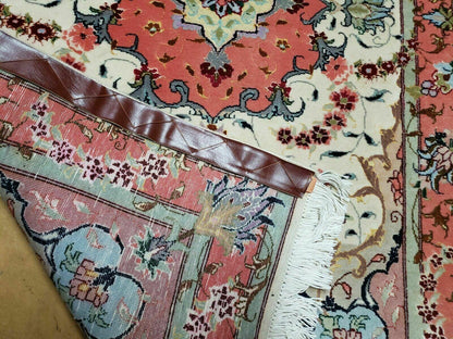 Small Vintage Persian Tabriz Wool and Silk Rug 2.5 x 4 ft, Very Finely Hand Knotted, Medallion, Ivory Salmon Light Blue, Top Quality, Pair A - Nuvé