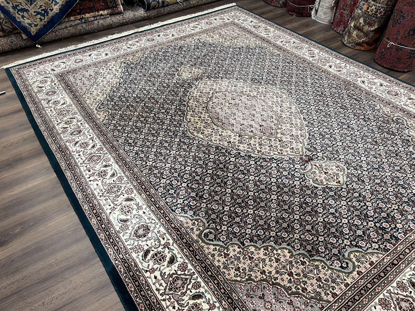 Sino Persian Rug 9x12, Dark Green and Ivory, Medallion, Mahi Herati, Elegant Oriental Carpet, Wool Hand Knotted Traditional Room Sized Rug - Nuvé
