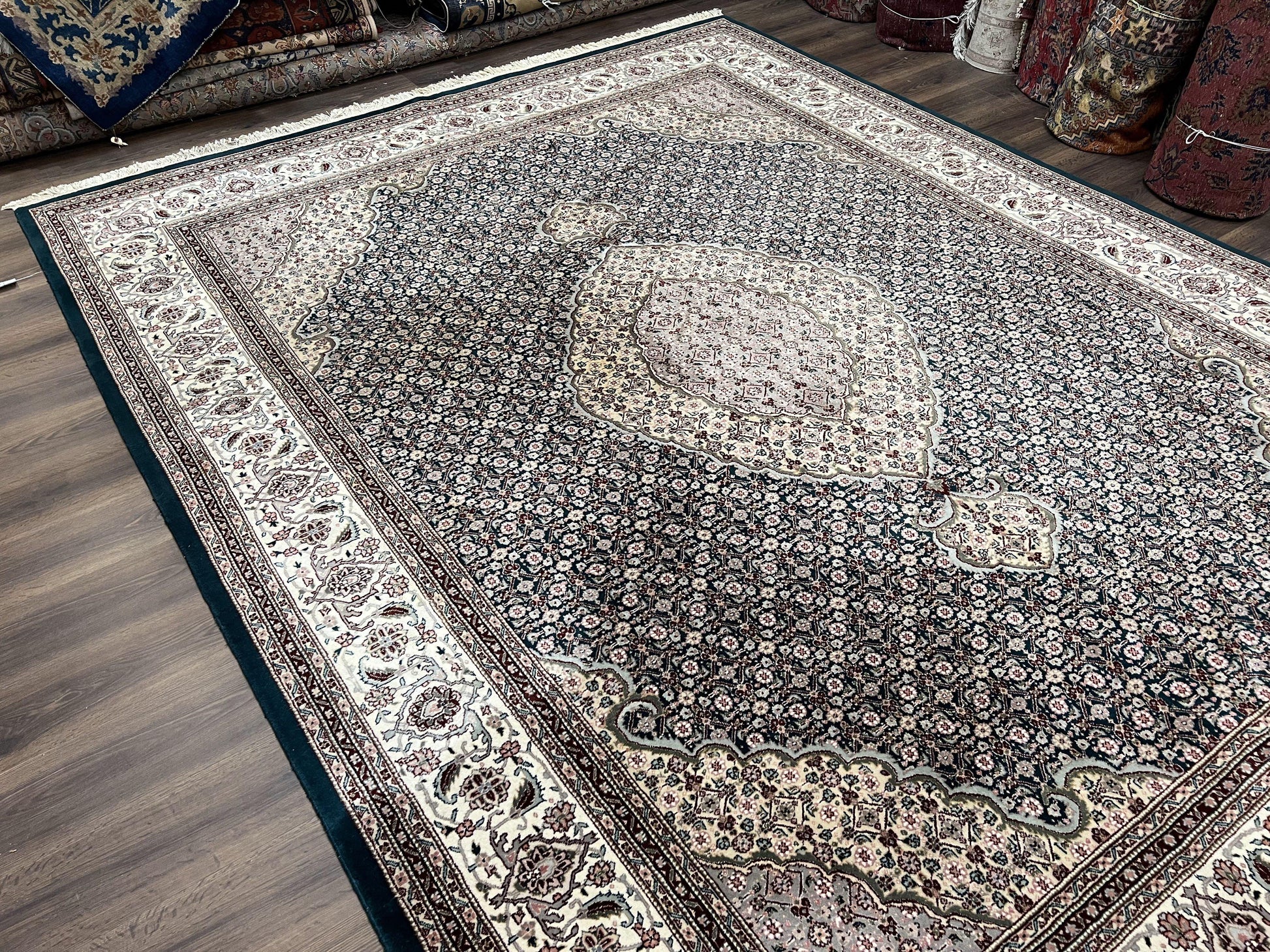 Sino Persian Rug 9x12, Dark Green and Ivory, Medallion, Mahi Herati, Elegant Oriental Carpet, Wool Hand Knotted Traditional Room Sized Rug - Nuvé
