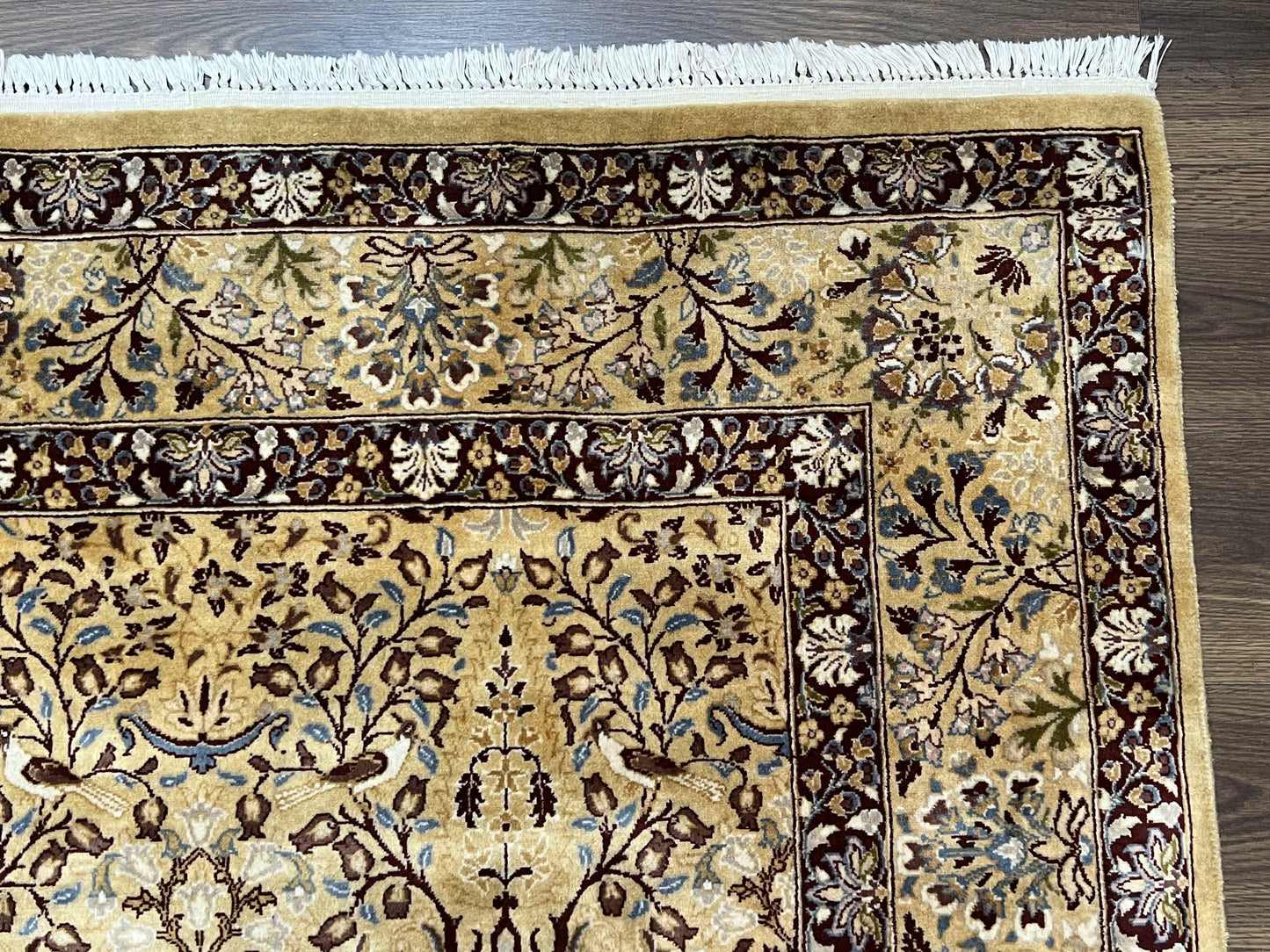 Pretty Indo Persian Rug 6x9, Allover Floral Motif with Birds, Tan/Cream, Very Fine Oriental Carpet, Hand Knotted Vintage Indian Wool Rug - Nuvé