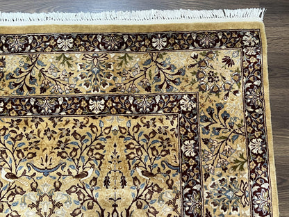 Pretty Indo Persian Rug 6x9, Allover Floral Motif with Birds, Tan/Cream, Very Fine Oriental Carpet, Hand Knotted Vintage Indian Wool Rug - Nuvé