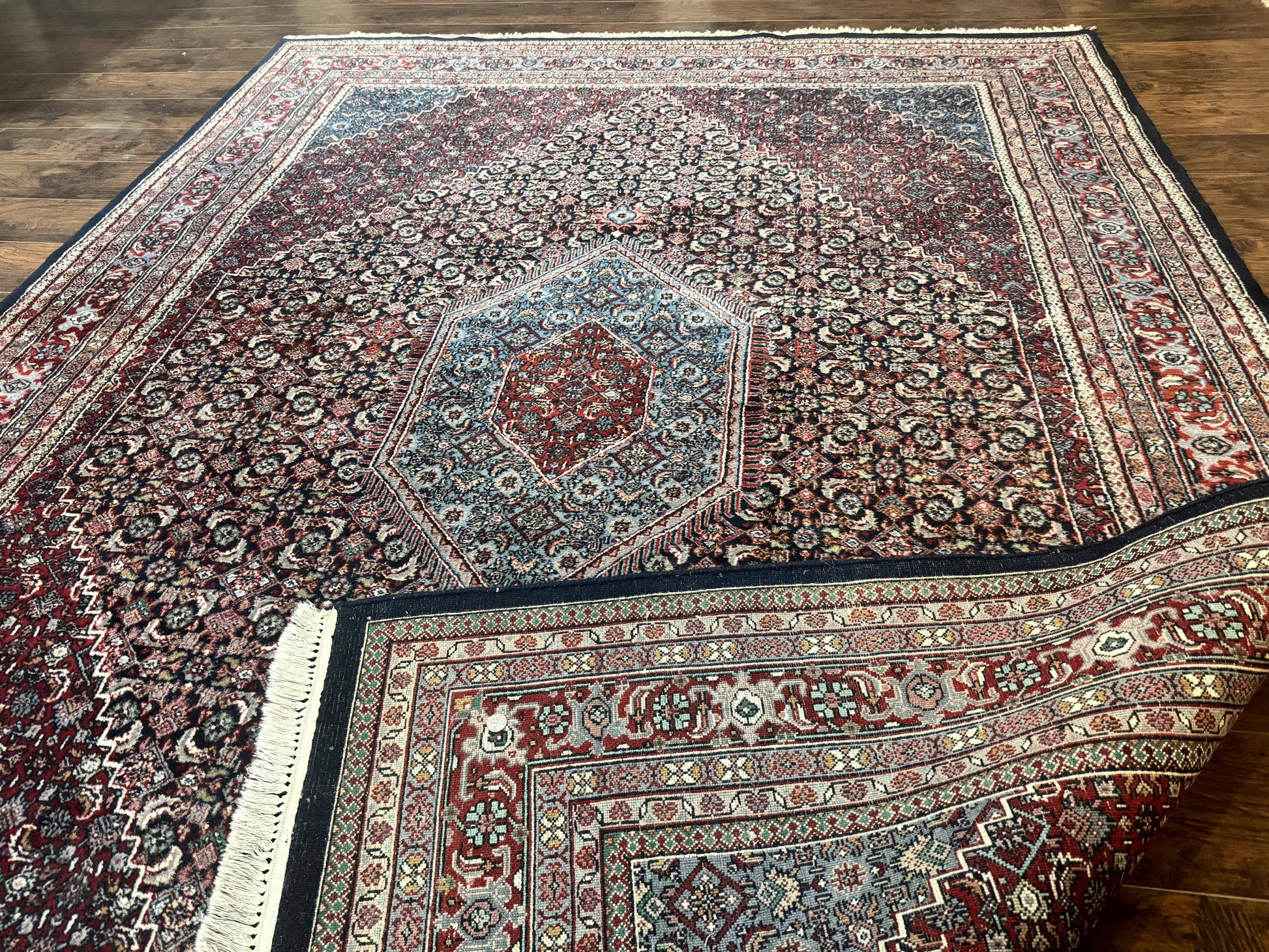 Indo Persian Bidjar Rug 8x11, Herati Mahi Pattern, Red Navy Blue, Handmade Vintage Wool Carpet - Nuvé