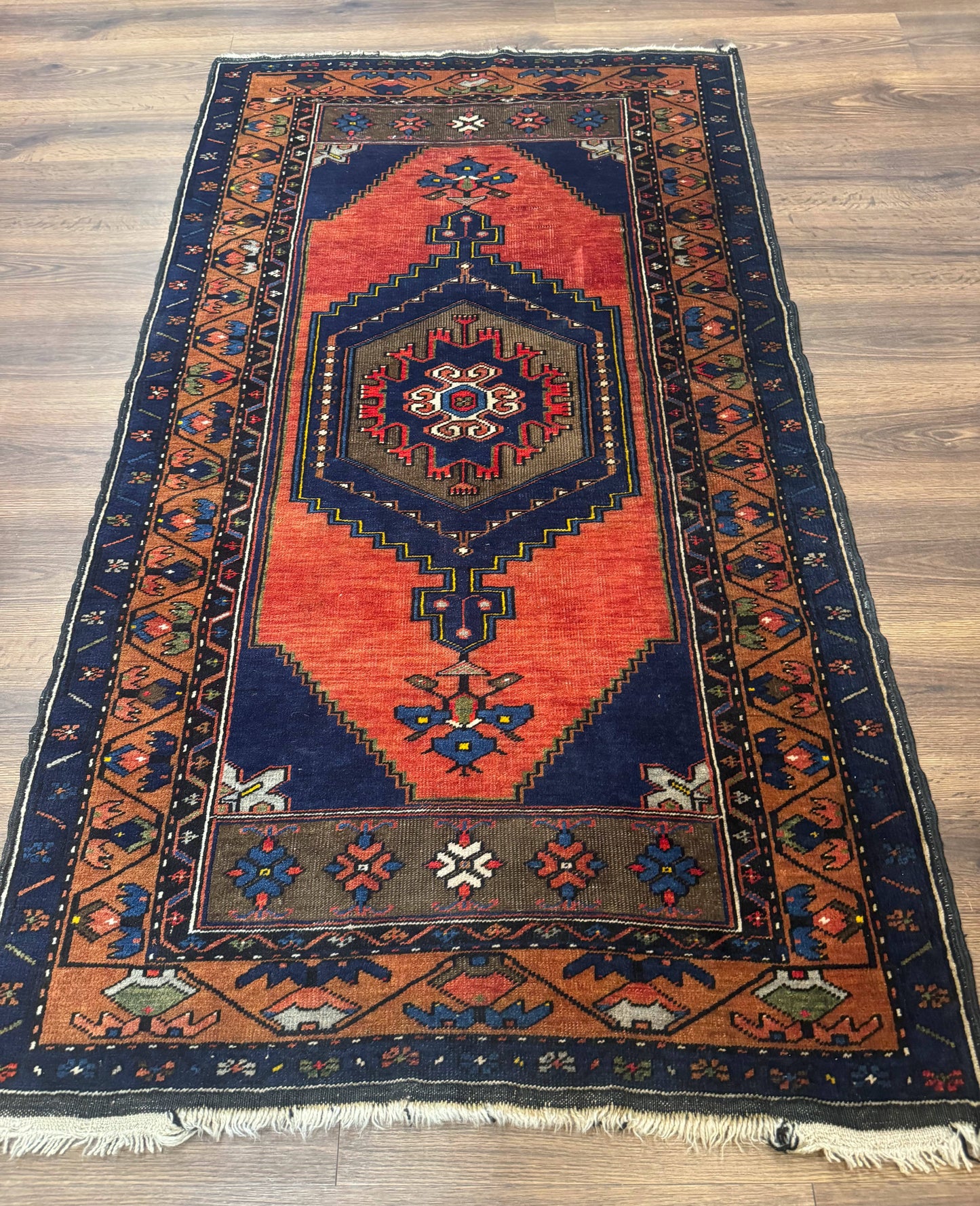 Persian Rug 3x6, Geometric Medallion, Village Tribal Rug, Terracotta and Navy Blue, Antique Nahavand Hamadan Rug - Nuvé