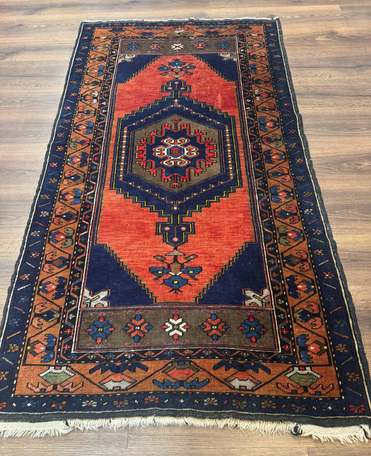 Persian Rug 3x6, Geometric Medallion, Village Tribal Rug, Terracotta and Navy Blue, Antique Nahavand Hamadan Rug - Nuvé