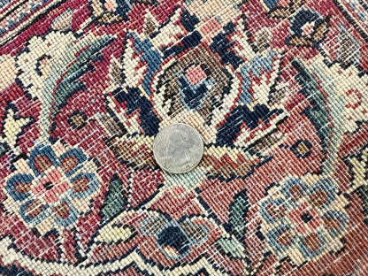 Persian Kashan Rug 4x7, Floral Medallion Vintage Handmade Hand Knotted Navy Blue & Red Wool Oriental Carpet, Highly Detailed Semi Antique Rug