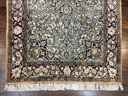 Silk Persian Qum Rug 4x5, Hand Knotted Vintage Carpet, Cream & Navy Blue, Silk Pile on Silk Foundation, Very Fine 360 KPSI