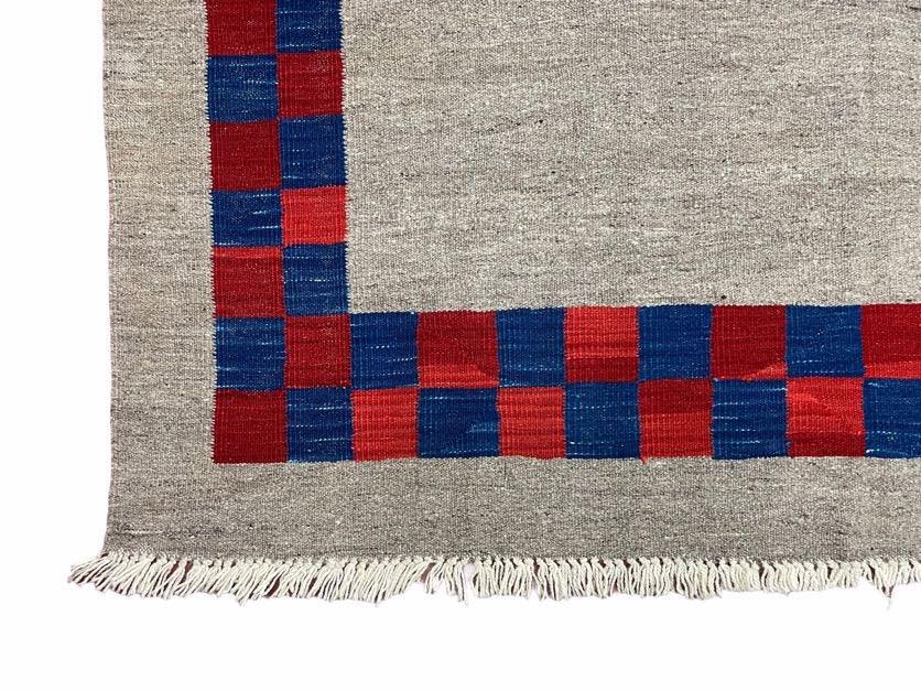 5' 7" x 7' 9" Geometric Kilim Carpet, Gray, Handmade, Hand-Knotted Area Rug, Blue & Red, Flatweave, Wool, New, Checkerboard Pattern
