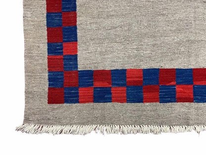 5' 7" x 7' 9" Geometric Kilim Carpet, Gray, Handmade, Hand-Knotted Area Rug, Blue & Red, Flatweave, Wool, New, Checkerboard Pattern