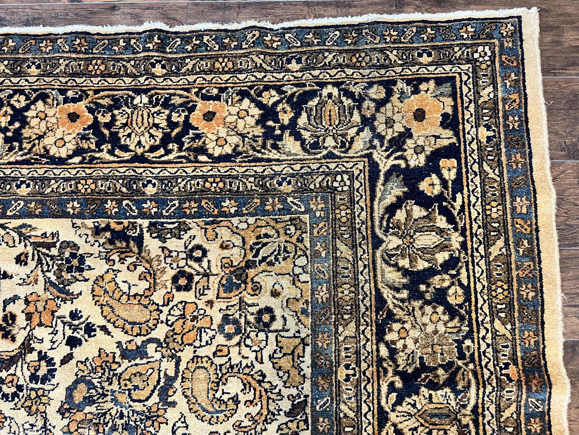 Antique Persian Rug 9x11, Wool Handmade 1920s Oriental Carpet, Persian Hamadan Anjelas Rug, Cream Black, Floral Allover Oriental Rug 9 x 11 Room Sized Rug - Nuvé