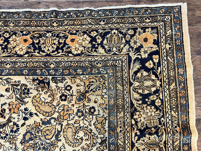 Antique Persian Rug 9x11, Wool Handmade 1920s Oriental Carpet, Persian Hamadan Anjelas Rug, Cream Black, Floral Allover Oriental Rug 9 x 11 Room Sized Rug - Nuvé