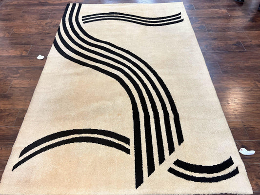 Modern Rug 6x9, Cream and Black, Abstract Pattern - Nuvé