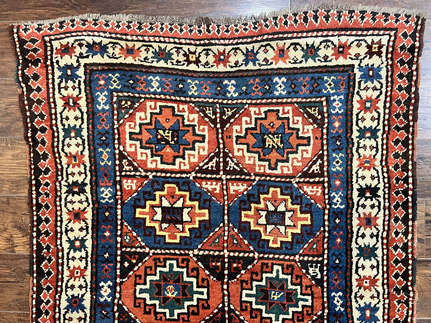 Antique Caucasian Kazak Runner Rug 4 x 9.5, Handmade Wool Rug for Hallway, Rare Colorful Panel Design Mid 19th Century 1870s Oriental Carpet - Nuvé