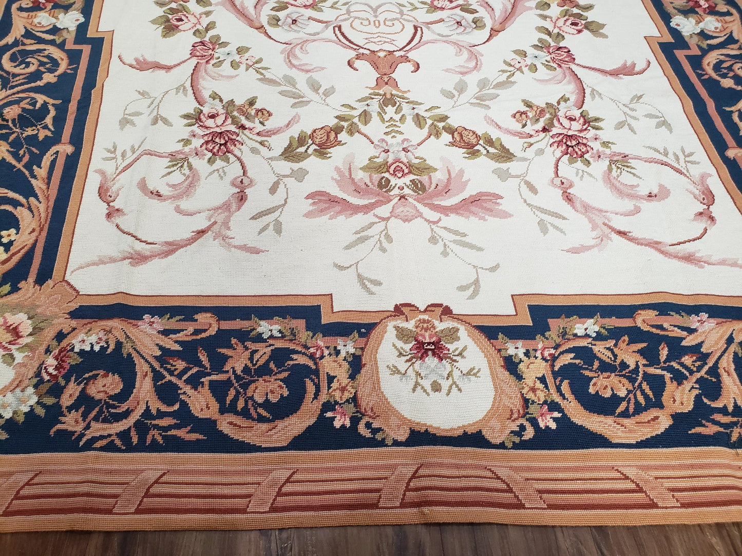 Chinese Aubusson Savonnerie Area Rug 6x8, Vintage Hand-Woven Needlepoint Rug, Flat Weave Handmade Wool Carpet Living Room Ivory & Navy Blue - Nuvé