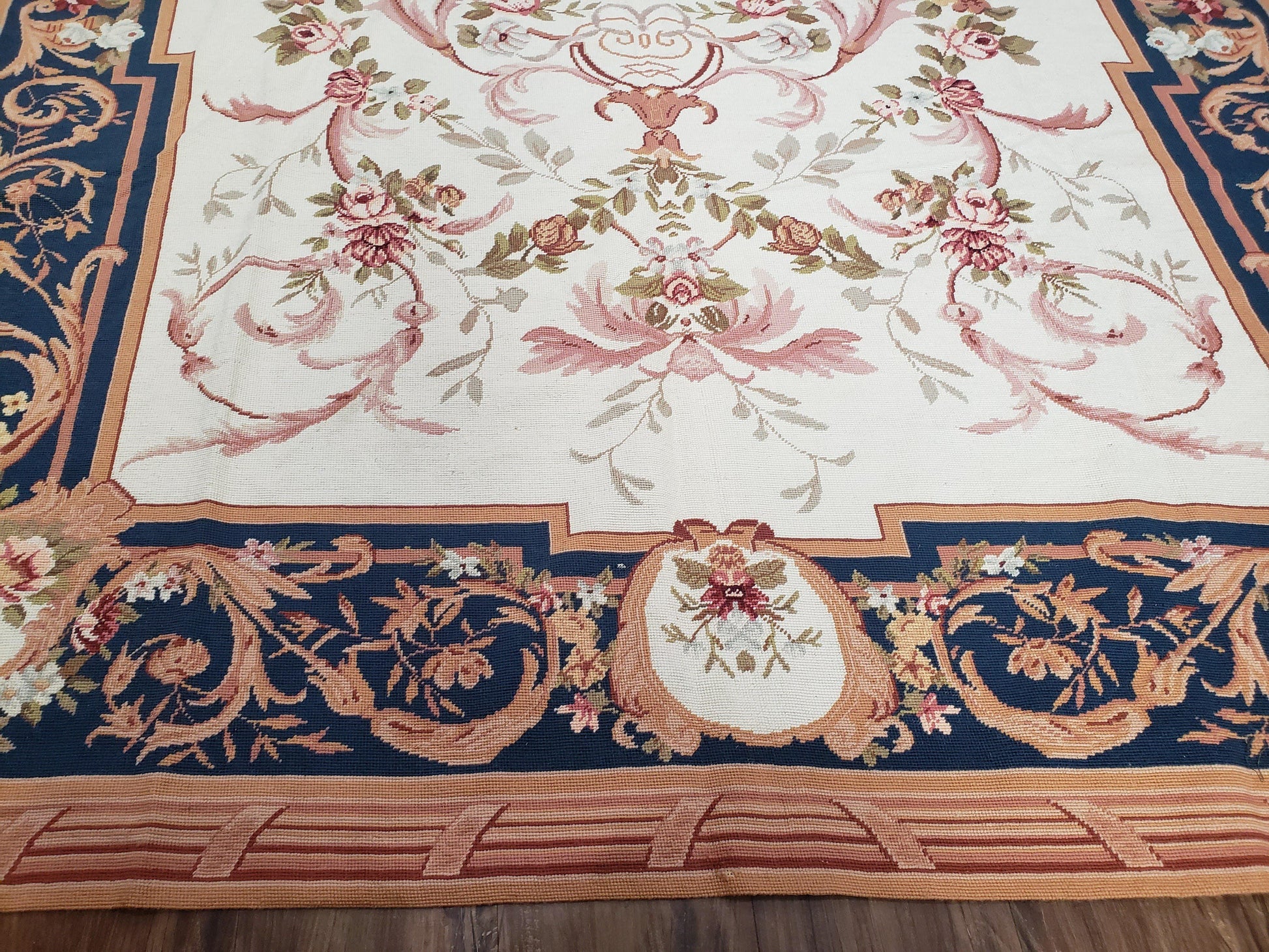 Chinese Aubusson Savonnerie Area Rug 6x8, Vintage Hand-Woven Needlepoint Rug, Flat Weave Handmade Wool Carpet Living Room Ivory & Navy Blue - Nuvé