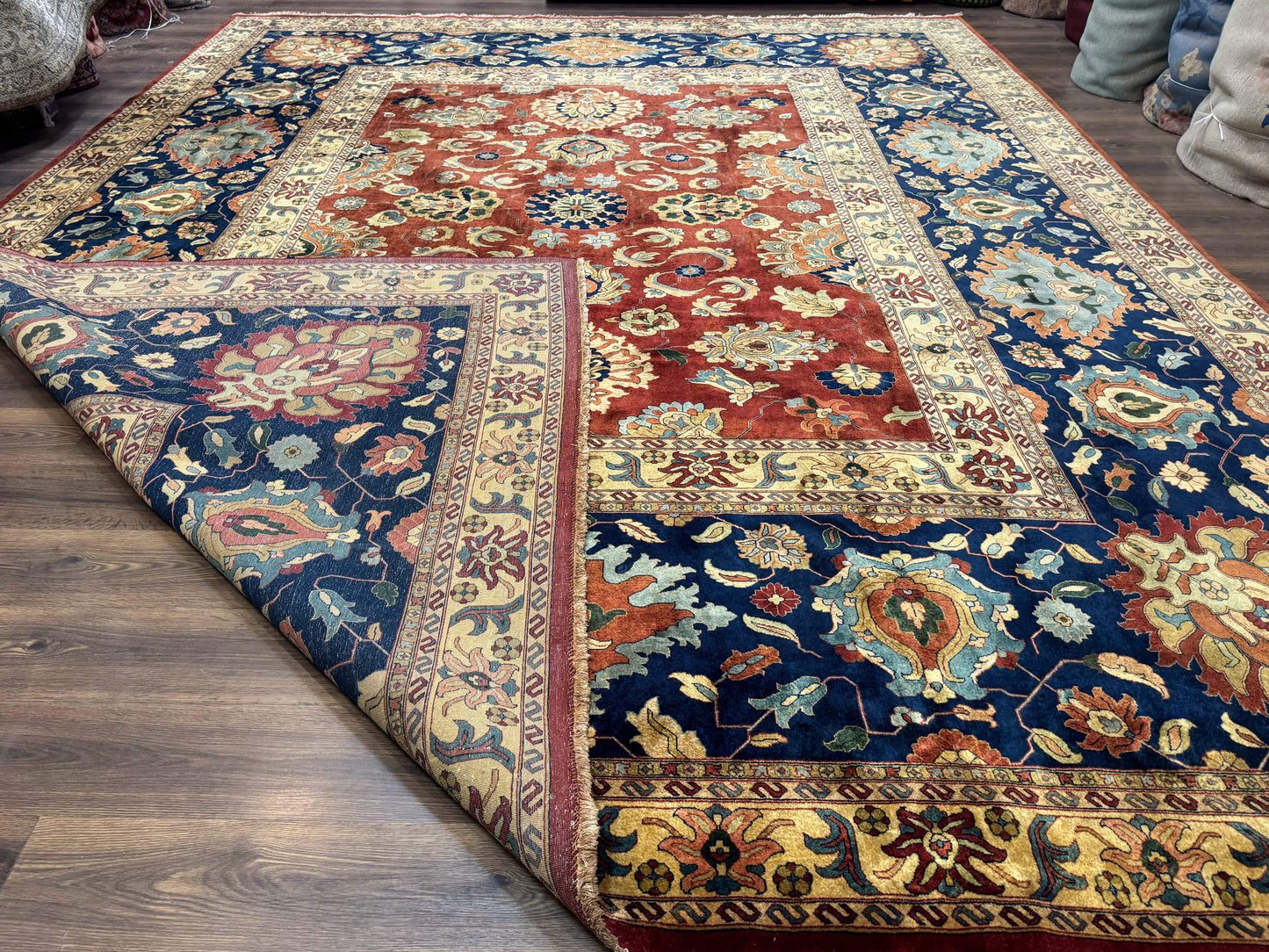 Palace Size Indo Persian Rug 12x15, Sultanabad Mahal Carpet, Red Navy Blue, Fine 210 KPSI - Nuvé
