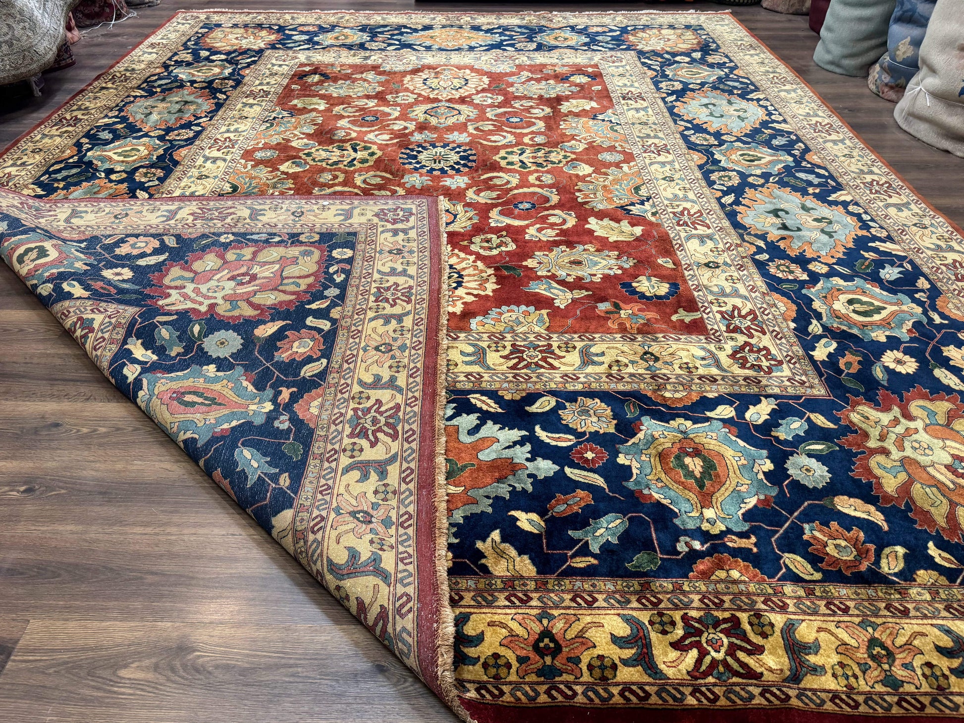 Palace Size Indo Persian Rug 12x15, Sultanabad Mahal Carpet, Red Navy Blue, Fine 210 KPSI - Nuvé