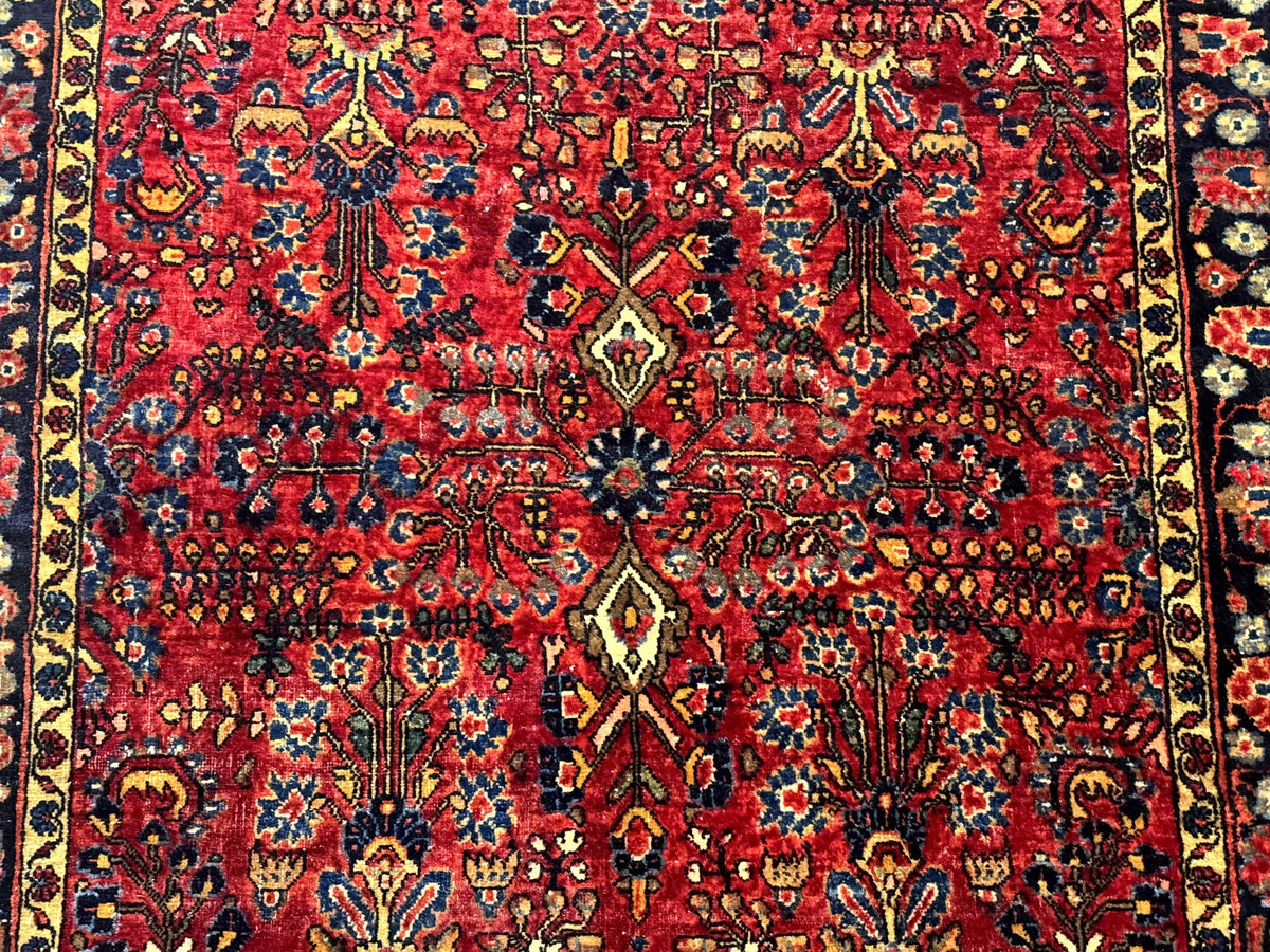 Antique Persian Sarouk Rug 3x4, Red, Floral, 1920s Wool Rug