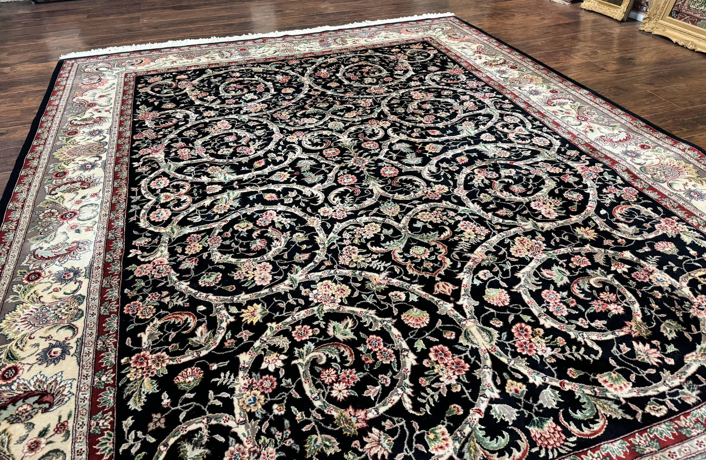 Black Pak Persian Rug 8x11, Floral Pattern, Hand Knotted Vintage Wool Rug with Silk Highlights, Fine 200 KPSI - Nuvé