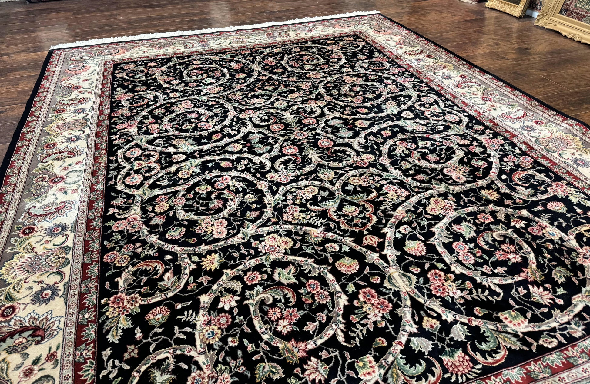 Black Pak Persian Rug 8x11, Floral Pattern, Hand Knotted Vintage Wool Rug with Silk Highlights, Fine 200 KPSI - Nuvé