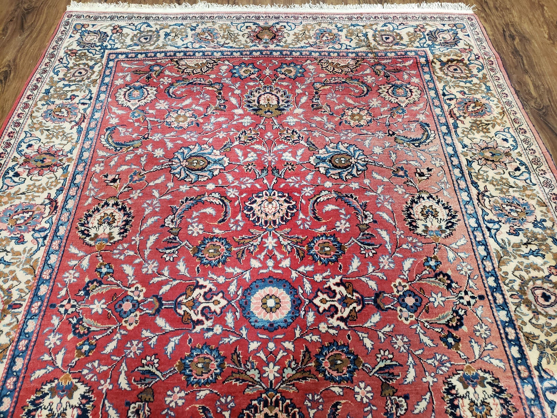 Semi Antique Persian Kashan Rug, Red & Beige, Hand-Knotted, Wool, 4'7" x 6' 6", Pair B - Nuvé