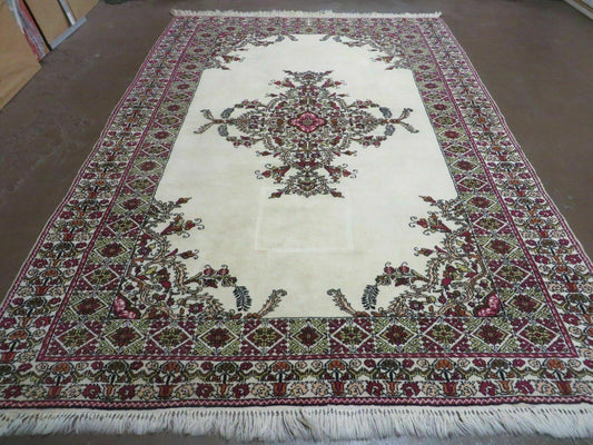 7x10 Moroccan Rug, Open Field Medallion, Berber Carpet, Hand Knotted Soft Wool Area Rug, Cream Color Background, Vintage Rug, Room Sized Rug - Nuvé
