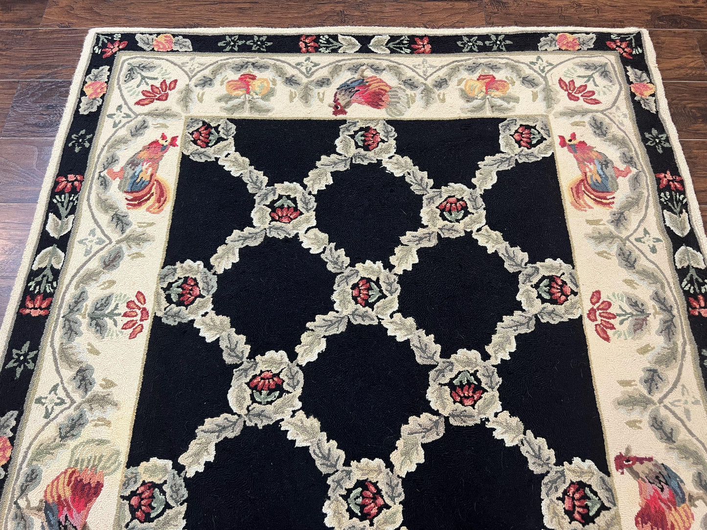 Hooked Rug 5x8, European Aubusson Pattern, Black and Ivory, Roses & Roosters, Vintage Wool Rug - Nuvé