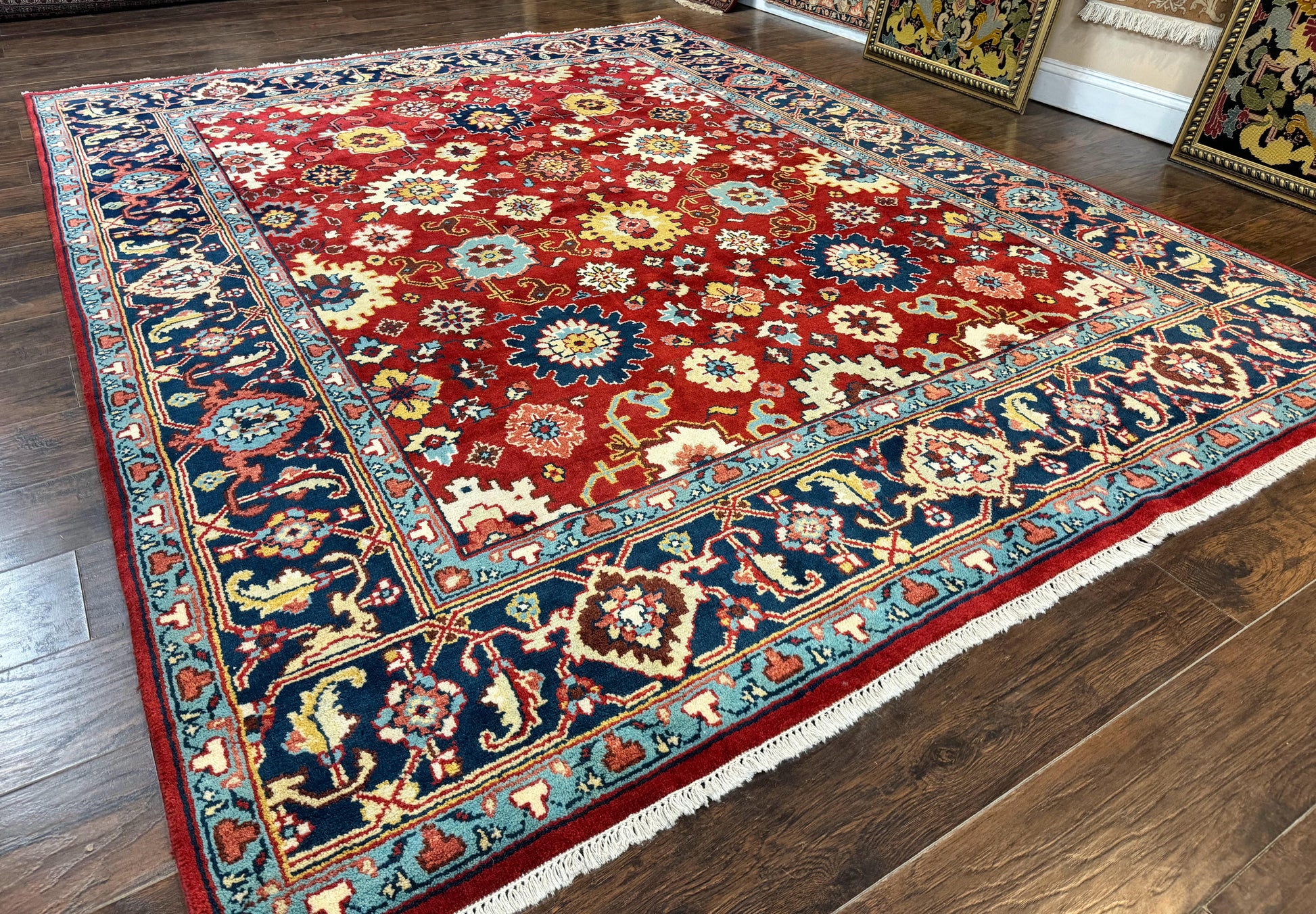 Indo Heriz Rug 8x10, Red and Navy Blue, Allover Pattern, Wool Handmade Carpet - Nuvé