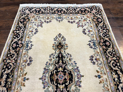 Persian Kirman Rug 4x7, Wool Hand Knotted Antique Carpet, Beige, Semi Open Field Medallion Rug, Traditional Handmade Oriental Rug - Nuvé