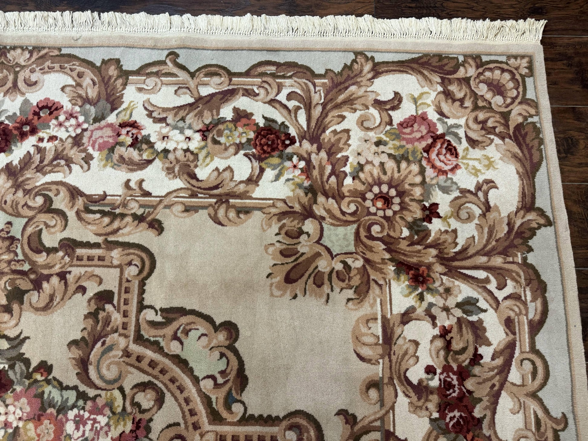 Aubusson Rug 8x12, European French Savonnerie Design, Thick Wool Pile, Elegant Rug, Cream Beige Light Green - Nuvé