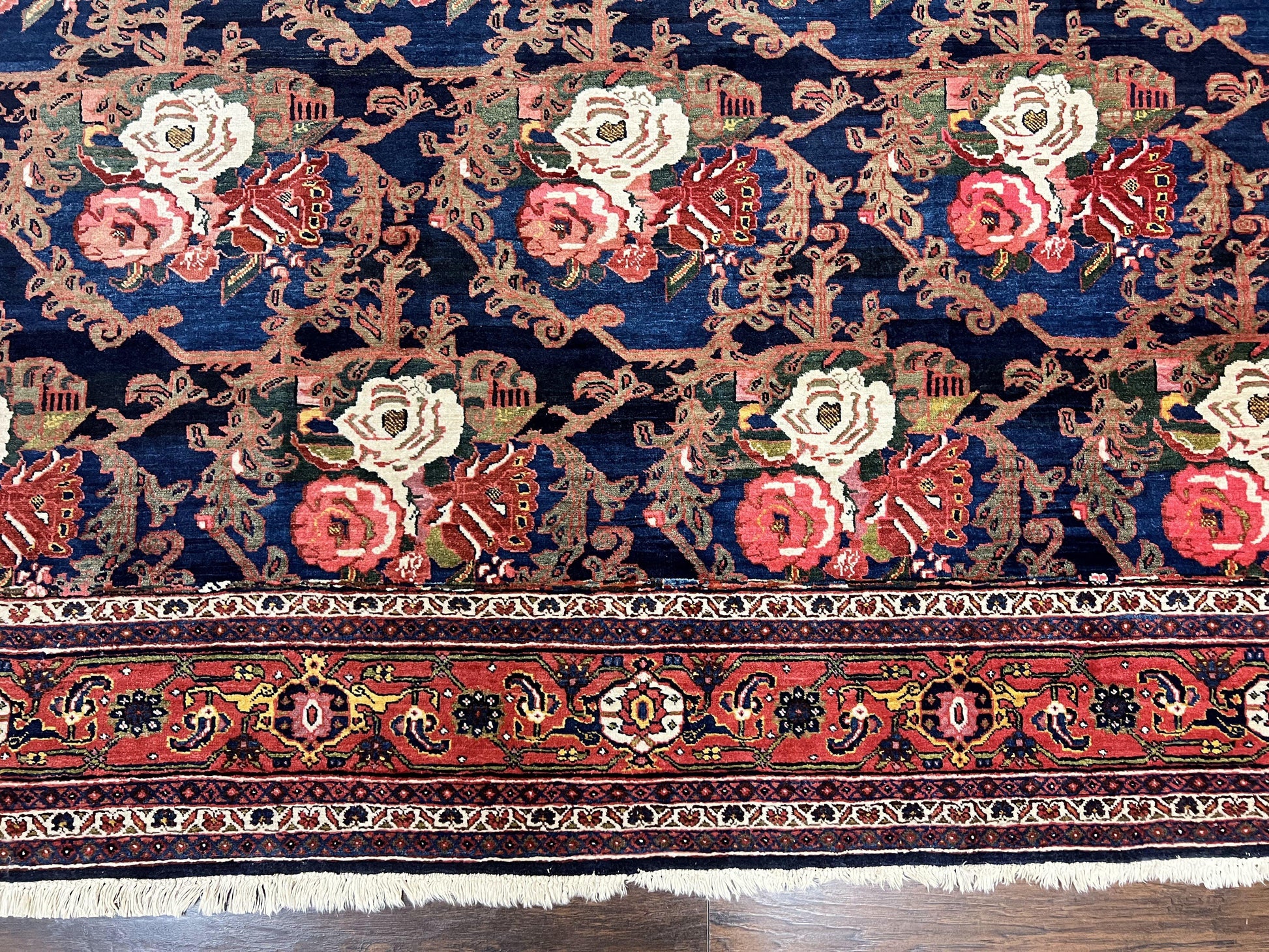 Persian Bidjar Rug 8x11, Floral Bouquets, Blue Black Red Pink, Handmade Hand Knotted Vintage Semi Antique Oriental Carpet - Nuvé