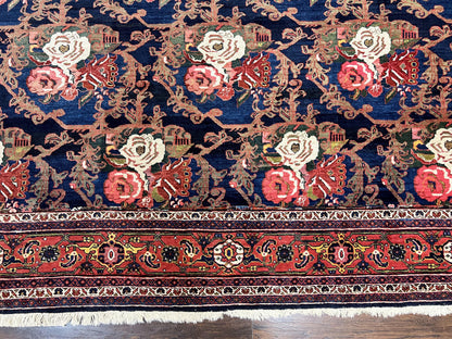 Persian Bidjar Rug 8x11, Floral Bouquets, Blue Black Red Pink, Handmade Hand Knotted Vintage Semi Antique Oriental Carpet - Nuvé